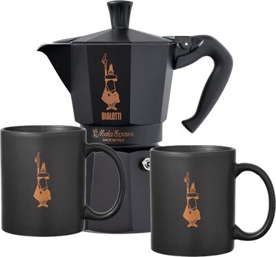 Bialetti Moka Express 6 Tassen schwarz/gold Espressokanne Set mit 2 Bechern bei Amazon bestellen